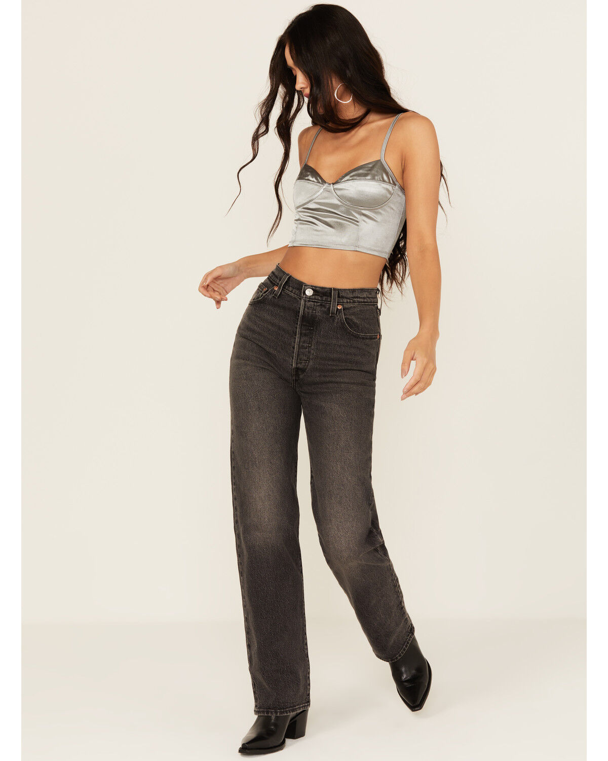 Image #1 - Levi's Premium Women's Static Noise High Rise Ribcage Wide Leg Stretch Denim Jeans, Black, hi-res