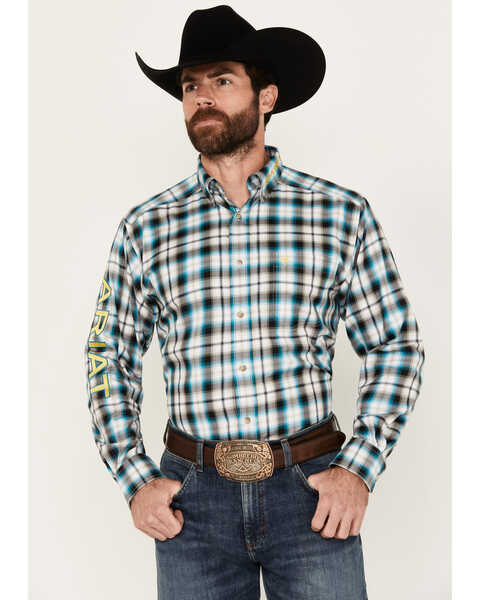 Image #1 - Ariat Men's Team Cannon Plaid Print Long Sleeve Button-Down Western Shirt, Turquoise, hi-res