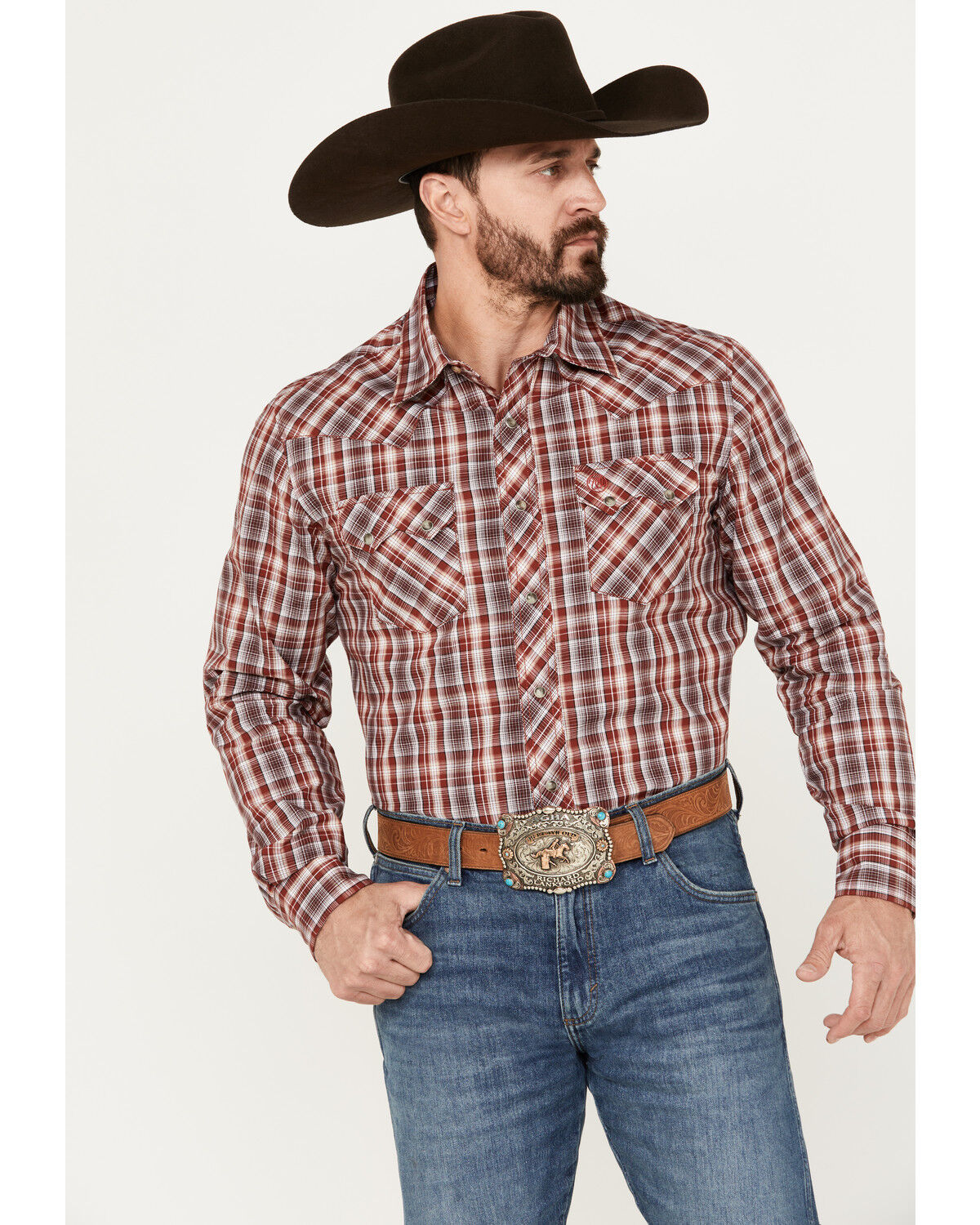 Image #1 - Wrangler Retro Men's Plaid Print Long Sleeve Snap Western Shirt, Red, hi-res