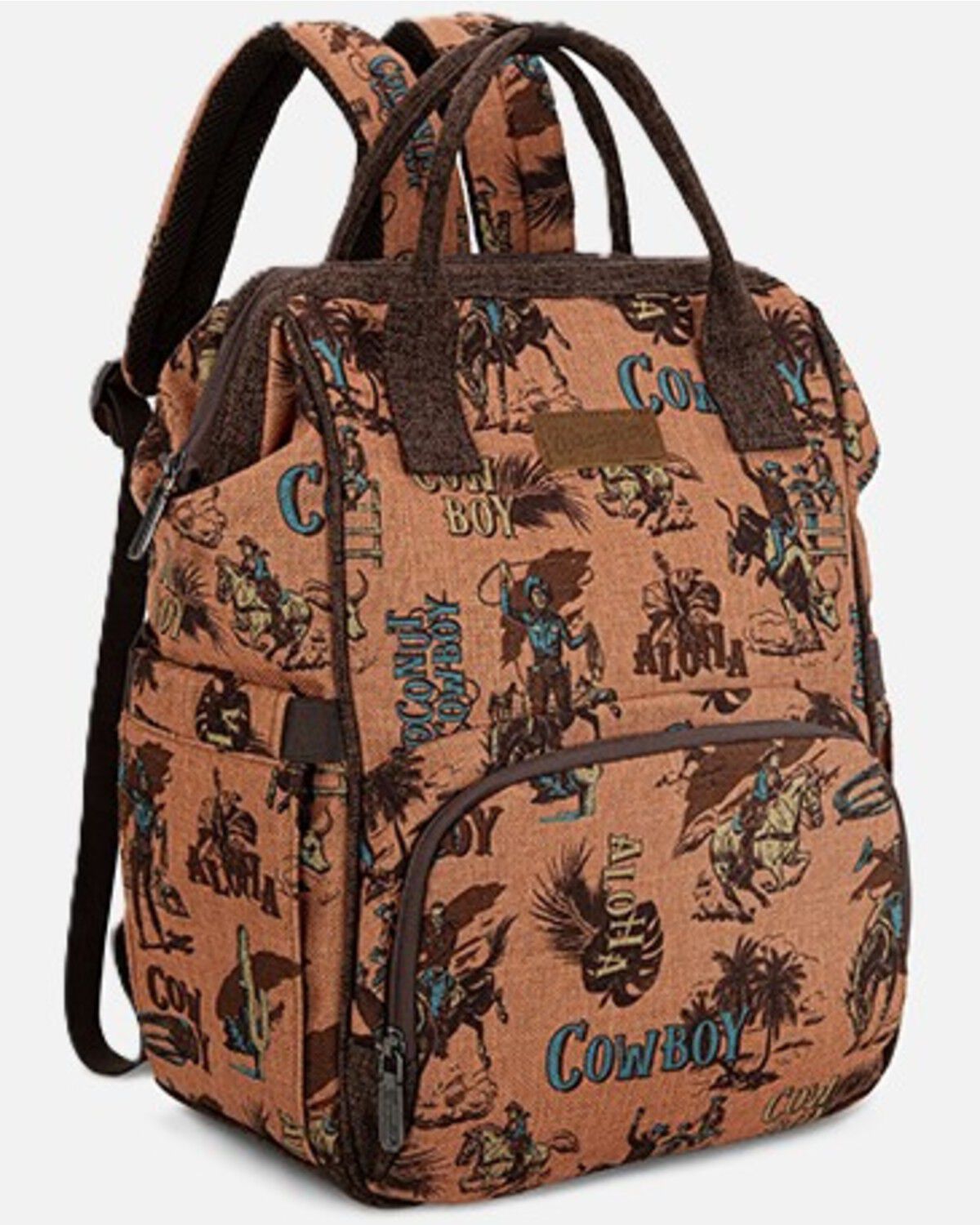 Wrangler Vintage Retro Cowboy Cool Print Backpack, Brown, hi-res
