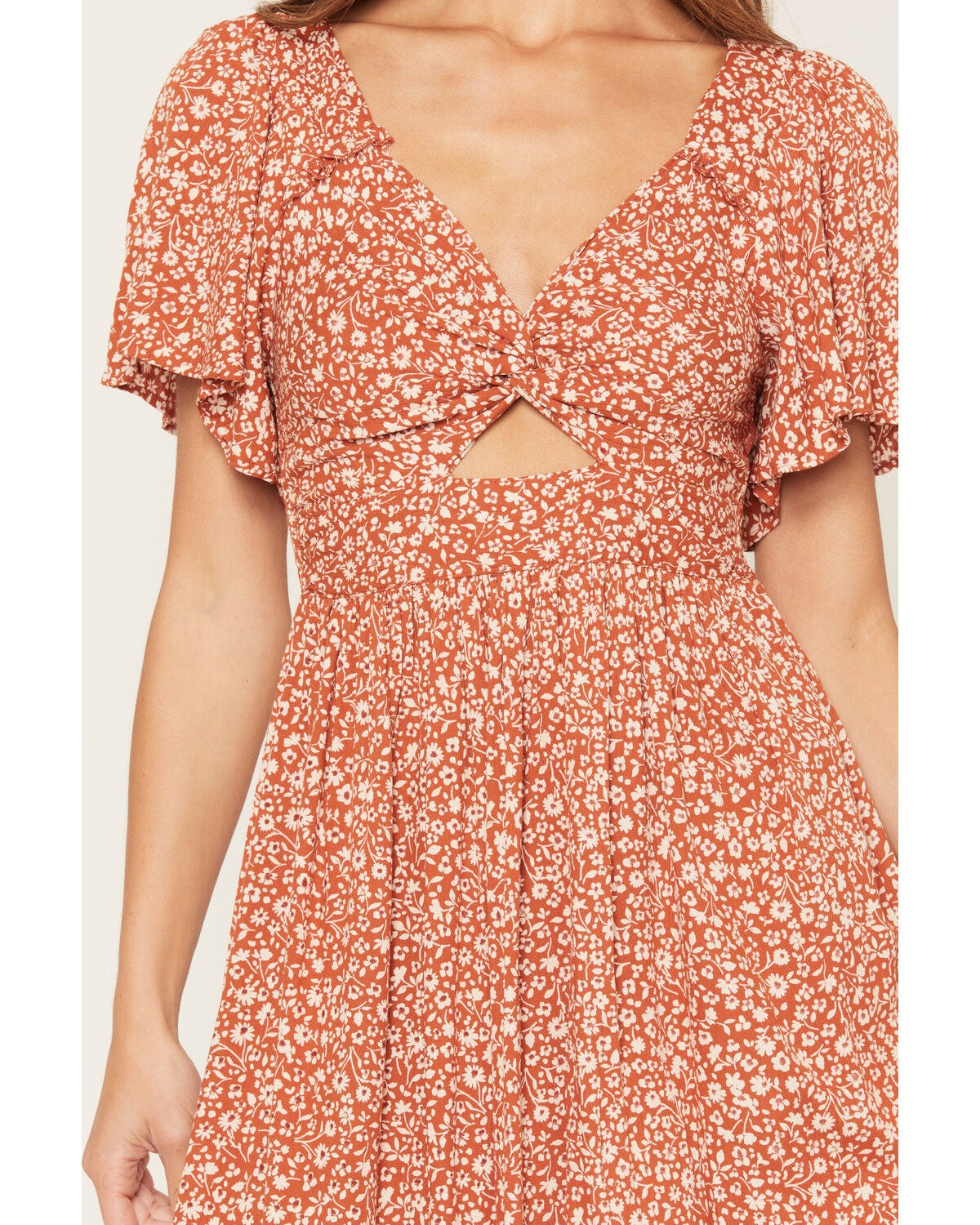 Image #3 - Angie Women's Floral Print Front Twist Midi Dress, Rust Copper, hi-res
