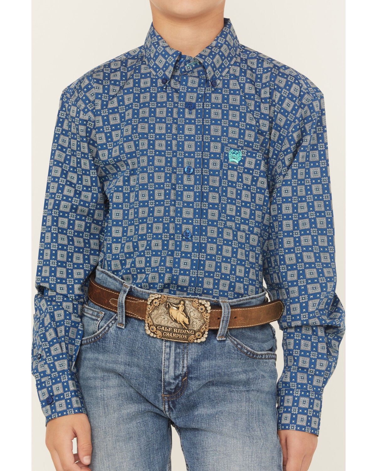 Image #3 - Cinch Boys' Geo Print Long Sleeve Button-Down Western Shirt, Royal Blue, hi-res