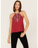 Rock & Roll Denim Women's Southwestern Paisley Embroidered Halter Tank Top, Red, hi-res