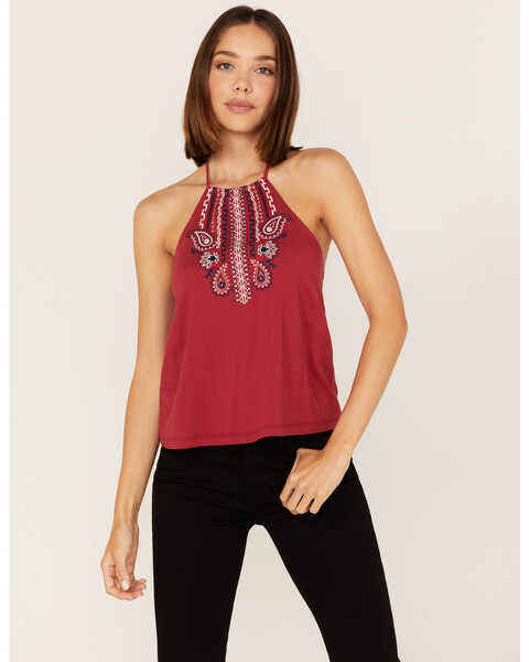Rock & Roll Denim Women's Southwestern Paisley Embroidered Halter Tank Top, Red, hi-res