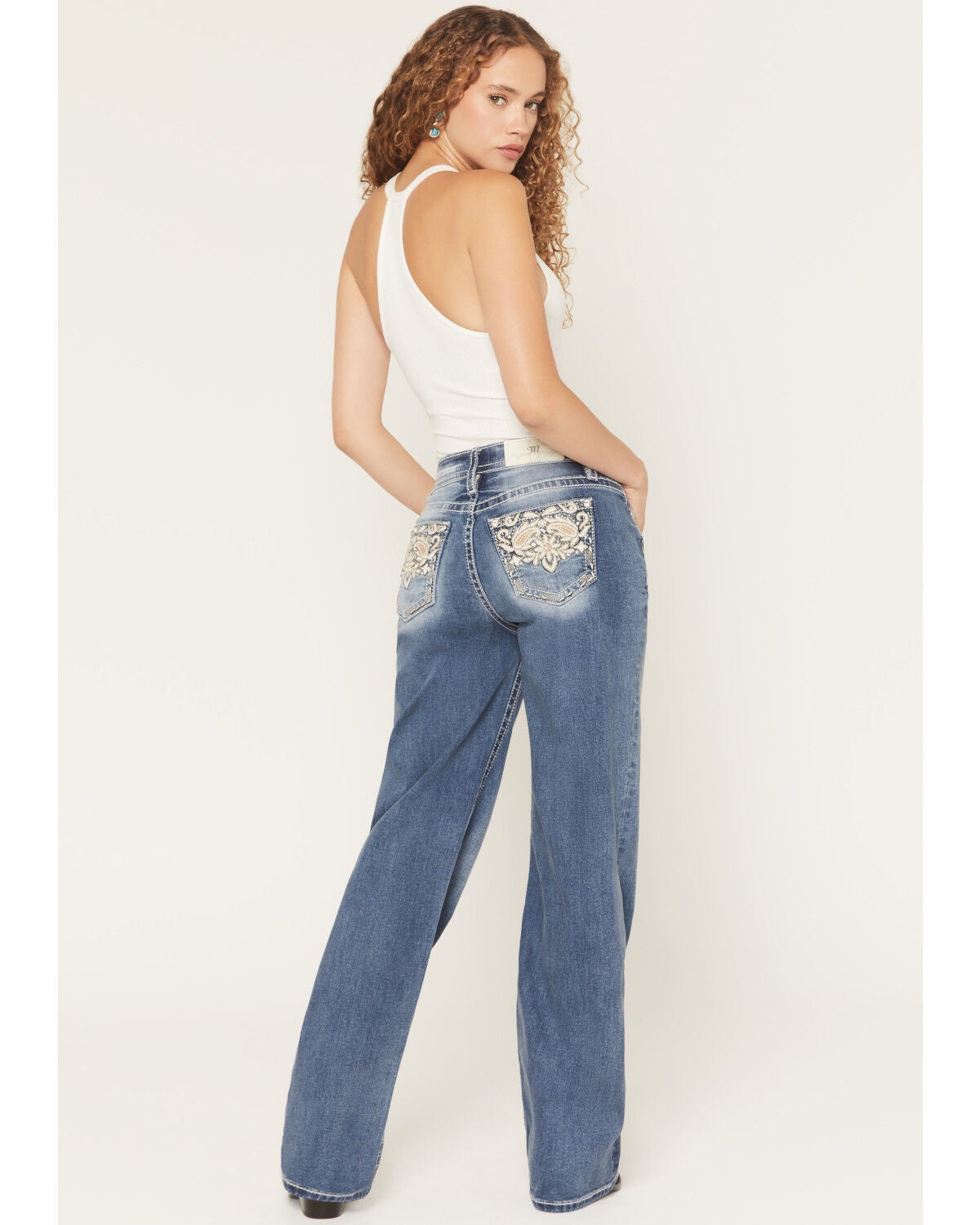 Image #1 - Miss Me Women's Medium Wash Mid Rise Paisley Pocket Slim 32" Bootcut Stretch Denim Jeans, Medium Wash, hi-res