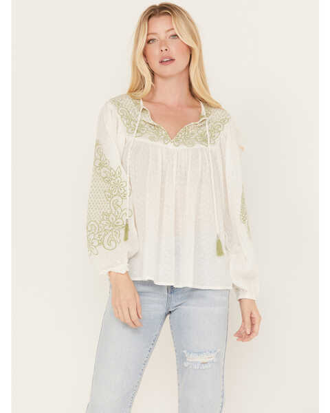 Image #2 - Cleo + Wolf Women's Embroidered Long Sleeve Blouse, White, hi-res