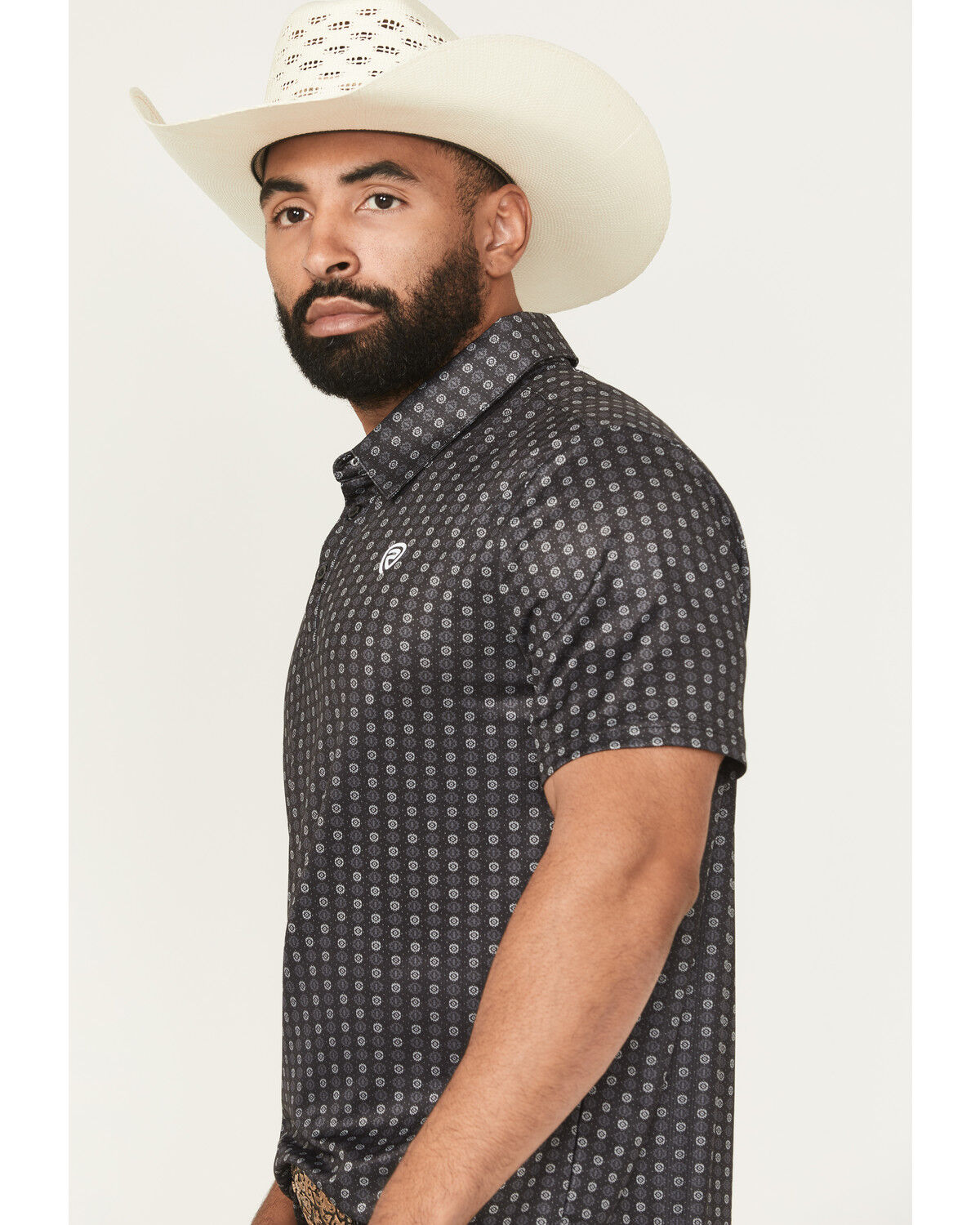 Image #2 - Rock & Roll Denim Men's Geo Print Short Sleeve Button-Down Stretch Polo Shirt, Black, hi-res
