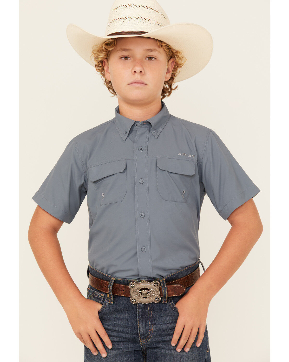 Image #1 - Ariat Boys' VENTEK Solid Short Sleeve Button-Down Western Shirt, Navy, hi-res