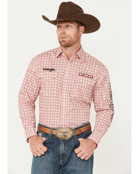 Wrangler Men's Logo Geo Print Long Sleeve Snap Western Shirt, White, hi-res