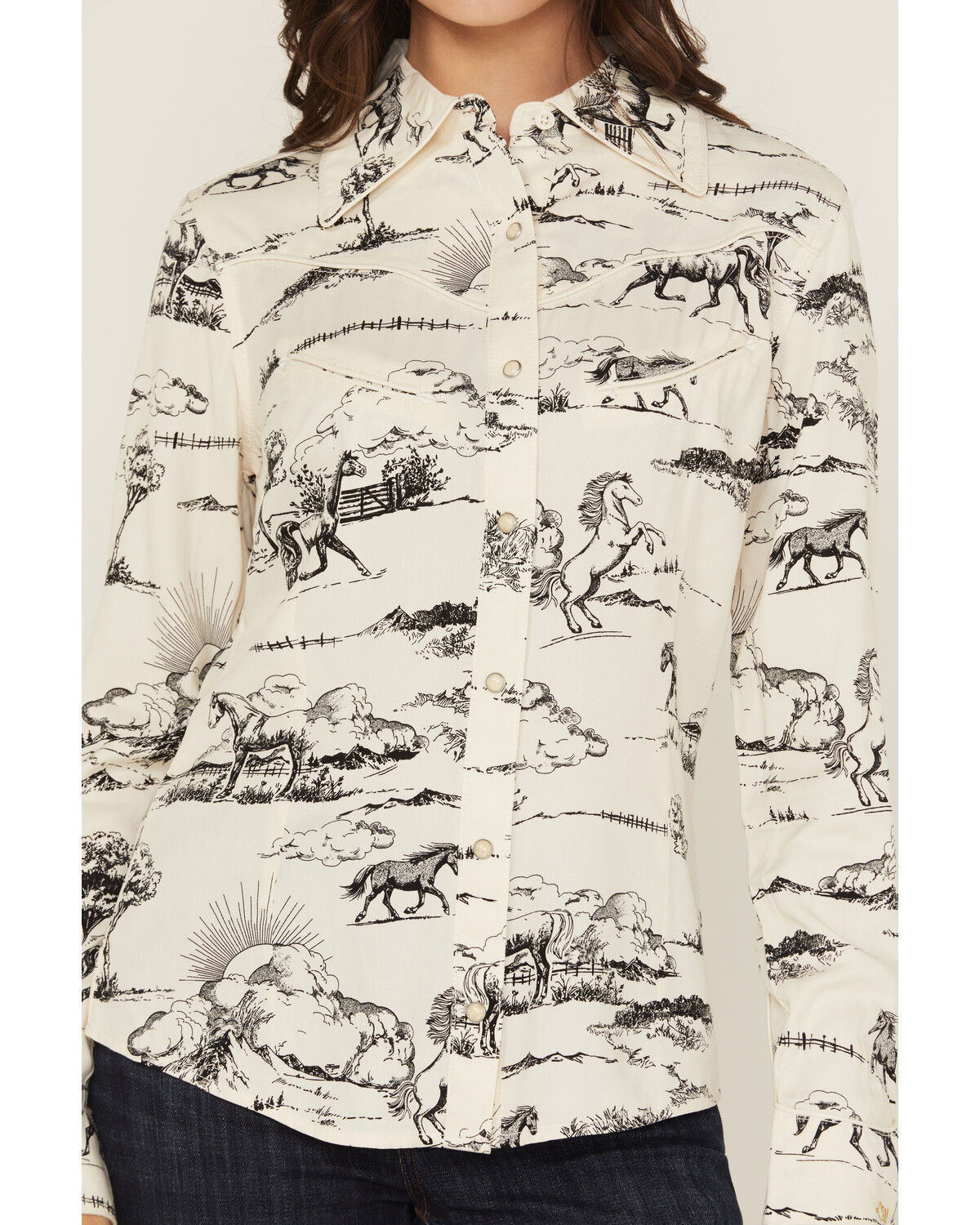 Image #3 - Wrangler x Lainey Wilson Women's Landscape Print Long Sleeve Snap Western Shirt, Cream, hi-res
