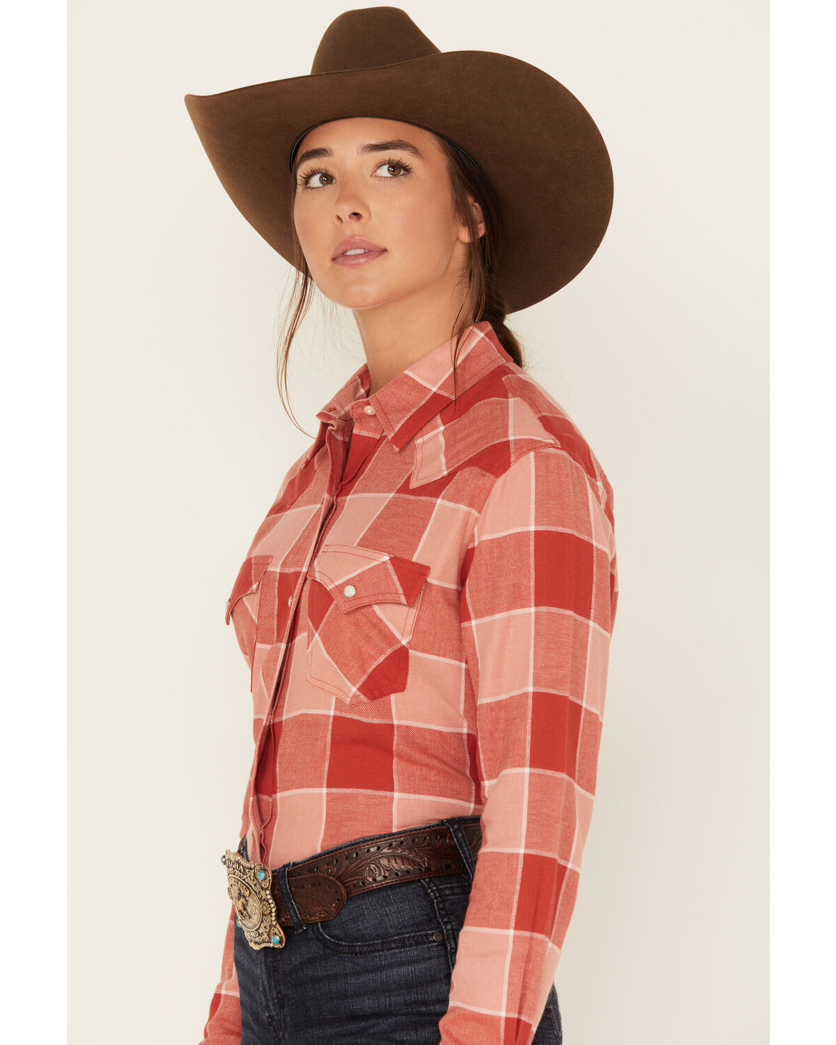 Image #2 - Wrangler Women's Boot Barn Exclusive Plaid Print Long Sleeve Western Flannel Pearl Snap Shirt, Rust Copper, hi-res