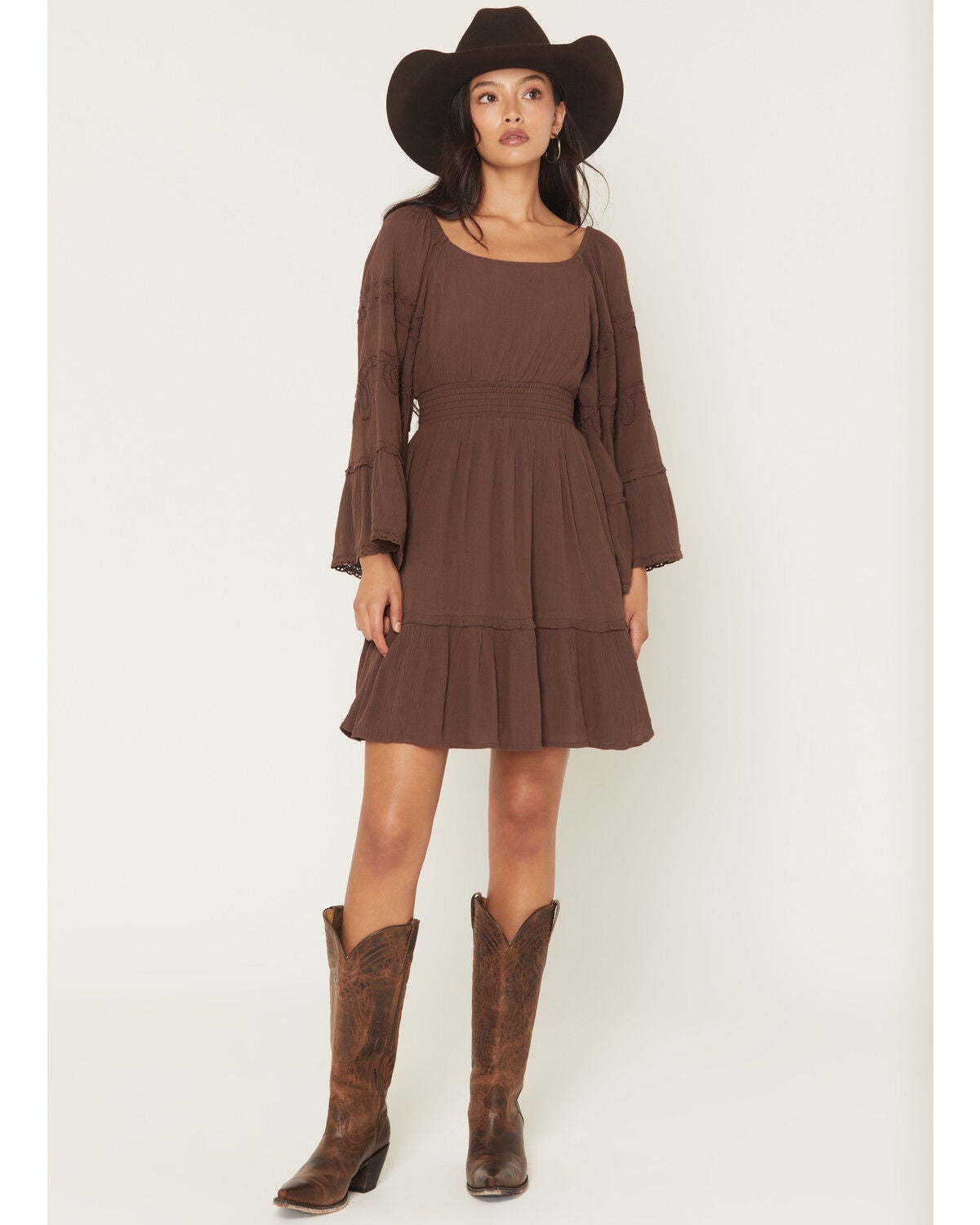 Shyanne Women's Highlands Bell Sleeve Embroidered Mini Dress, Brown, hi-res