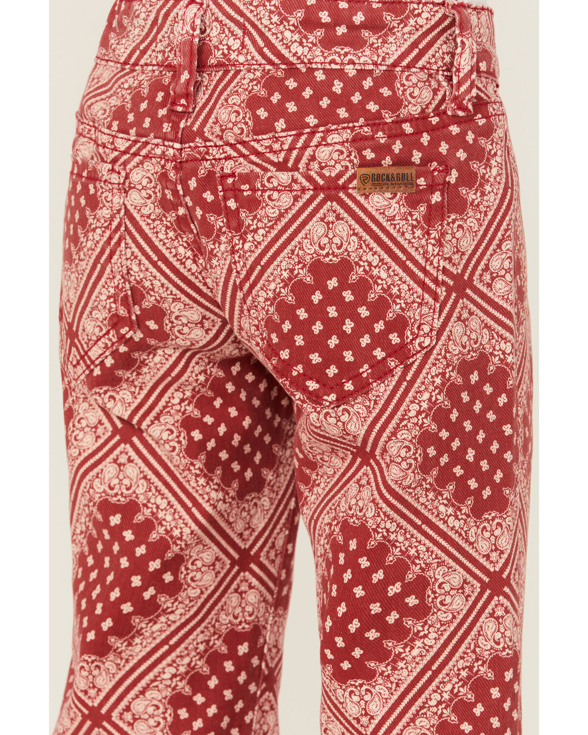 Image #4 - Panhandle Girls' Bandana Print Flare Stretch Denim Jeans, Red, hi-res