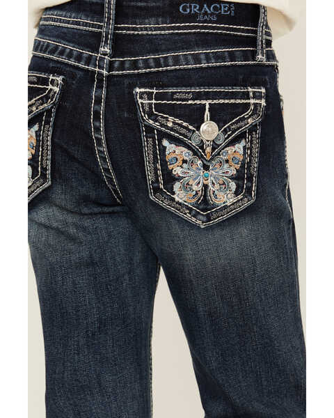Image #2 - Grace in LA Girls' Dark Wash Butterfly Embroidered Stretch Bootcut Jeans, Dark Wash, hi-res