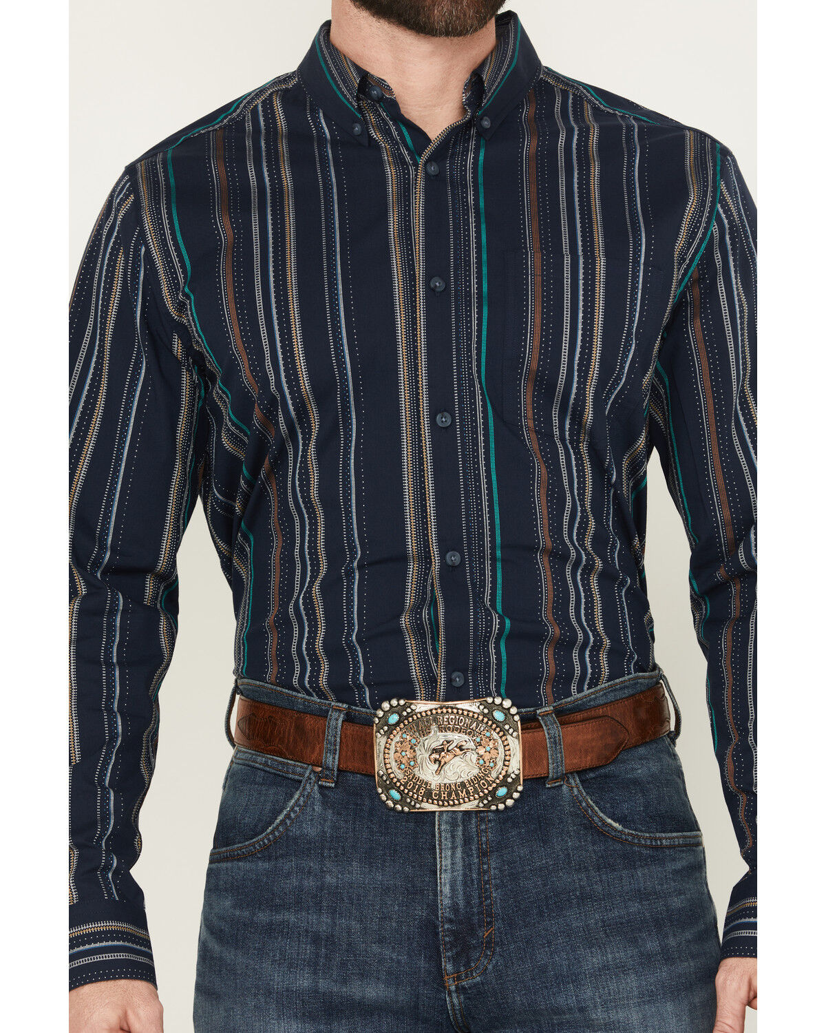 Image #3 - Cody James Men's Blake Striped Long Sleeve Button-Down Stretch Western Shirt, Navy, hi-res