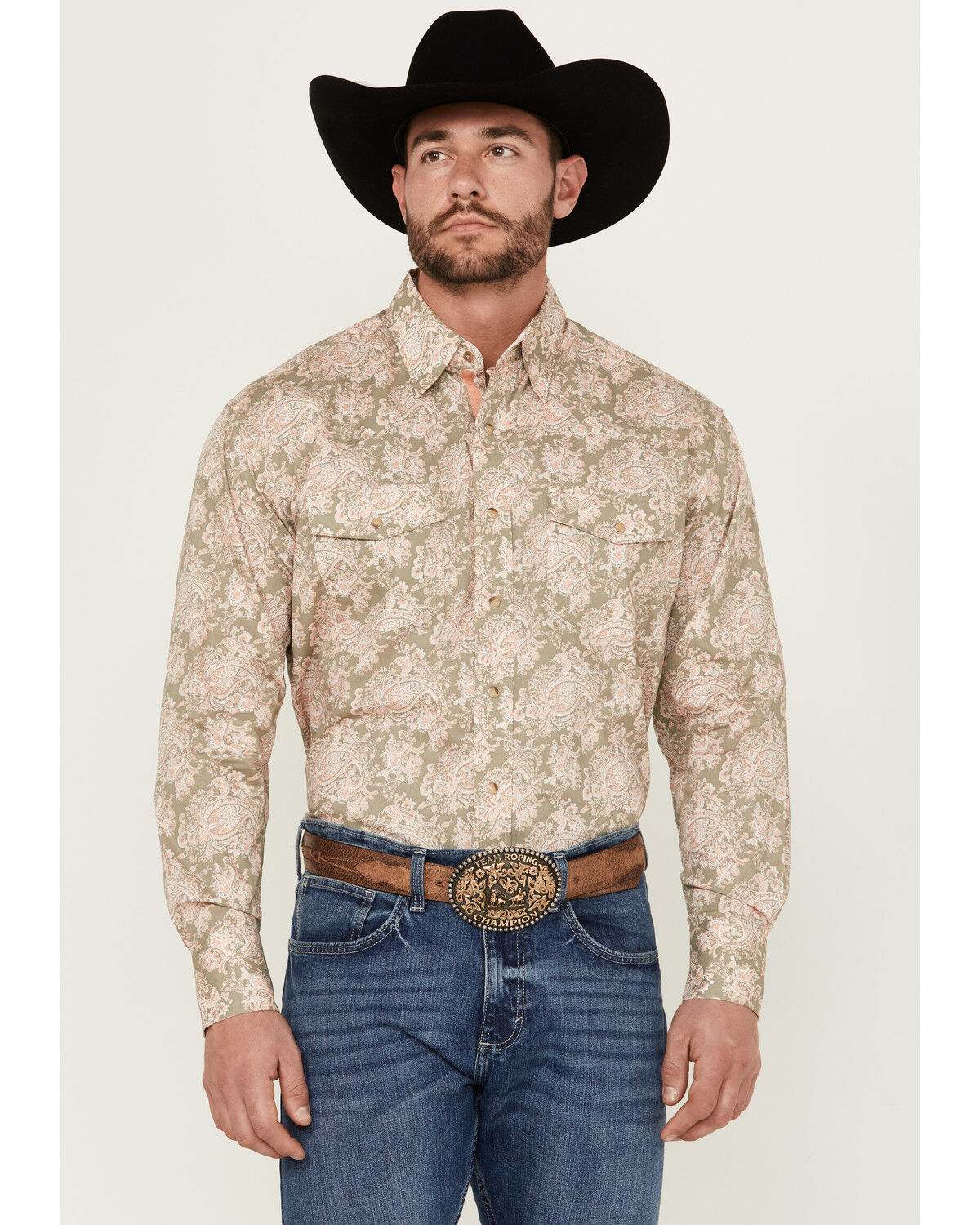 Image #1 - George Strait Wrangler Men's Floral Print Long Sleeve Pearl Snap Stretch Western Shirt, Sage, hi-res