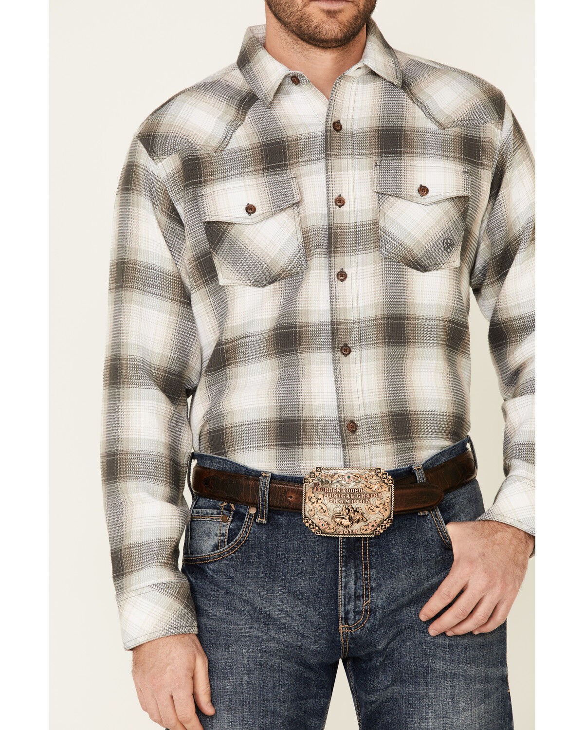 Image #3 - Ariat Men's Hickory Retro Large Plaid Thermal Long Sleeve Button Down Western Shirt, Tan, hi-res