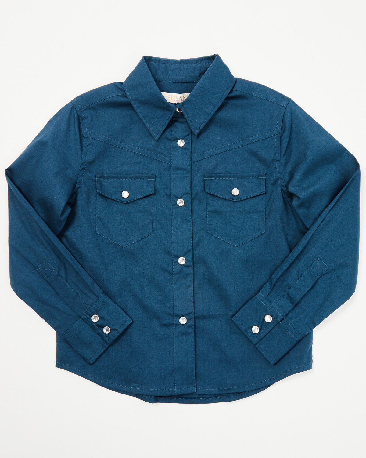 Image #1 - Shyanne Toddler Girls' Solid Rhinestone Long Sleeve Snap Stretch Western Shirt, Blue, hi-res