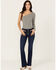 Image #1 - Sneak Peek Women's Dark Wash Mid Rise Exposed Button-Fly Stretch Trouser Jeans, Dark Wash, hi-res