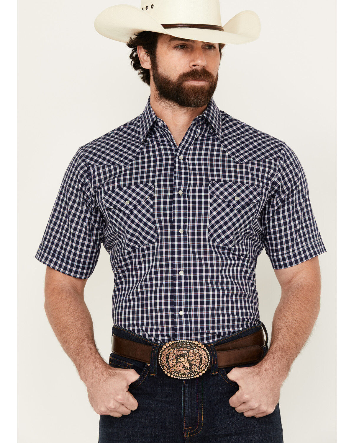 Image #1 - Ely Walker Men's Plaid Print Short Sleeve Snap Western Shirt, Navy, hi-res