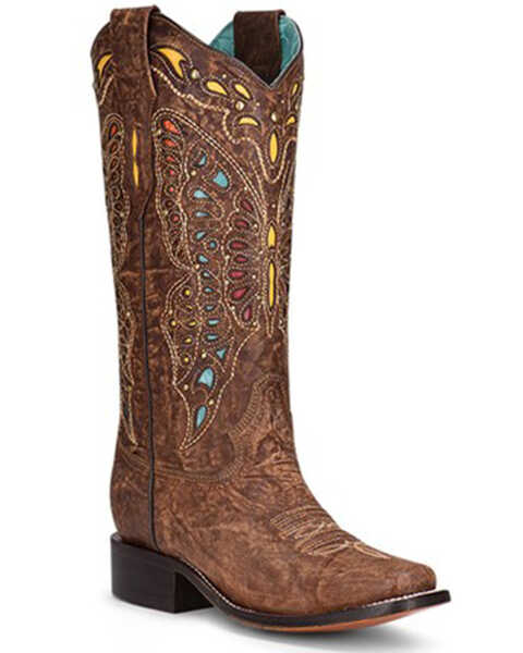 Corral Women's Butterfly Studded Inlay Western Boots - Square Toe, Brown, hi-res