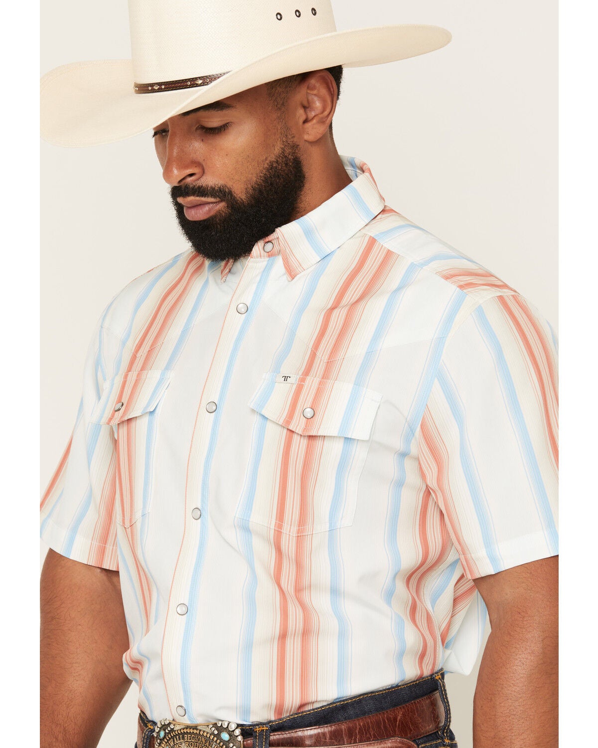 Image #2 - Ferrell Men's Tek Harrison Striped Print Short Sleeve Snap Performance Western Shirt, White, hi-res