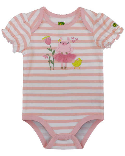 Image #1 - John Deere Infant Girls' Pig Graphic Print Striped Short Sleeve Onesie , Pink, hi-res