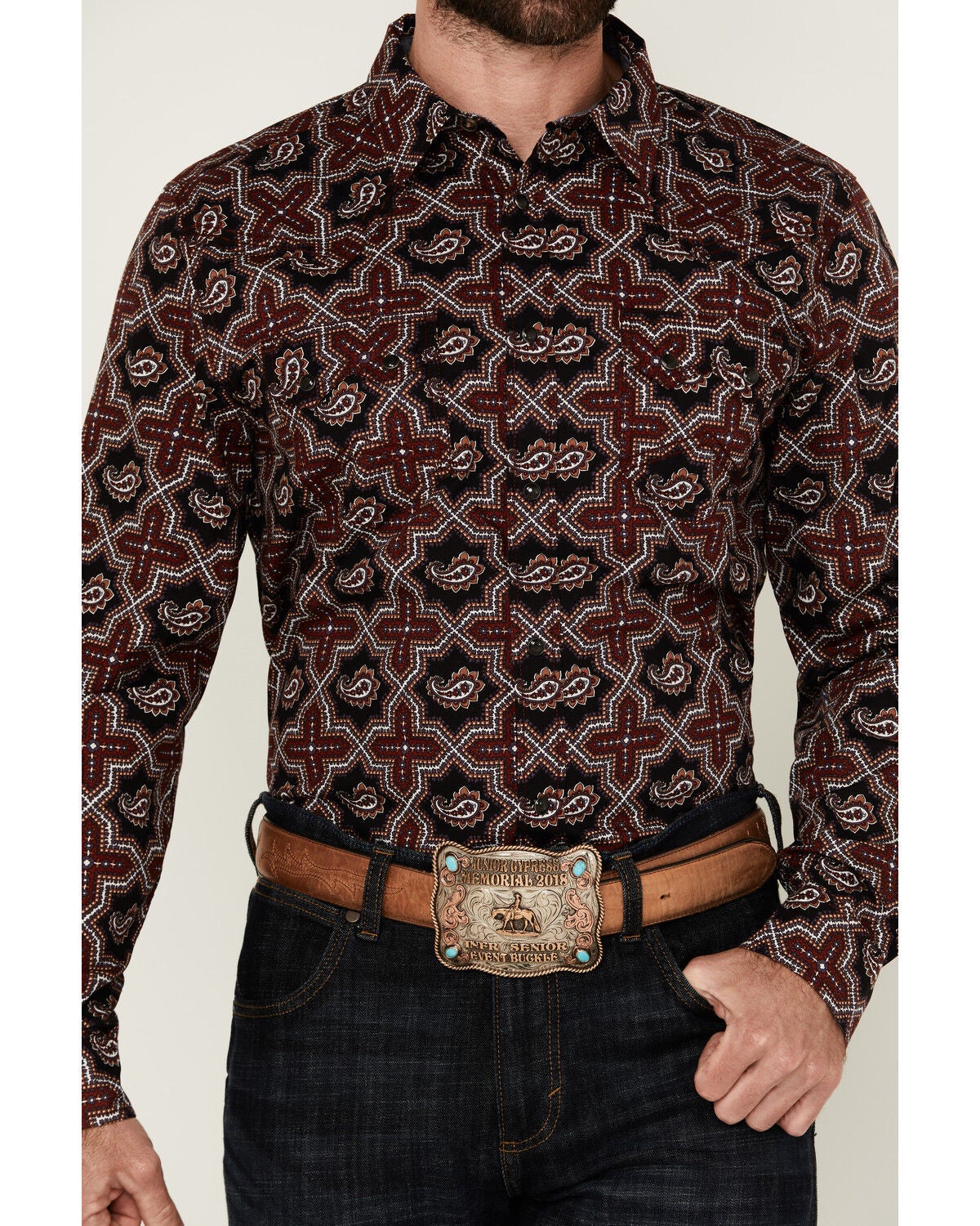 Image #3 - Cody James Men's Daybreak Geo Print Long Sleeve Snap Western Shirt, Red, hi-res