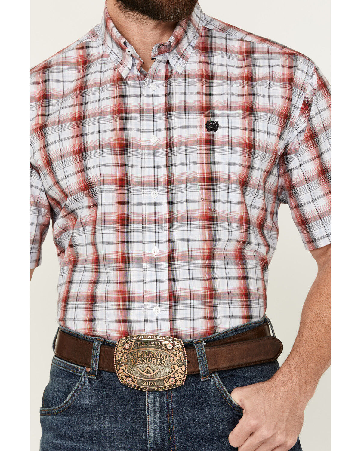 Image #3 - Cinch Men's Plaid Print Short Sleeve Button-Down Western Shirt, Red, hi-res