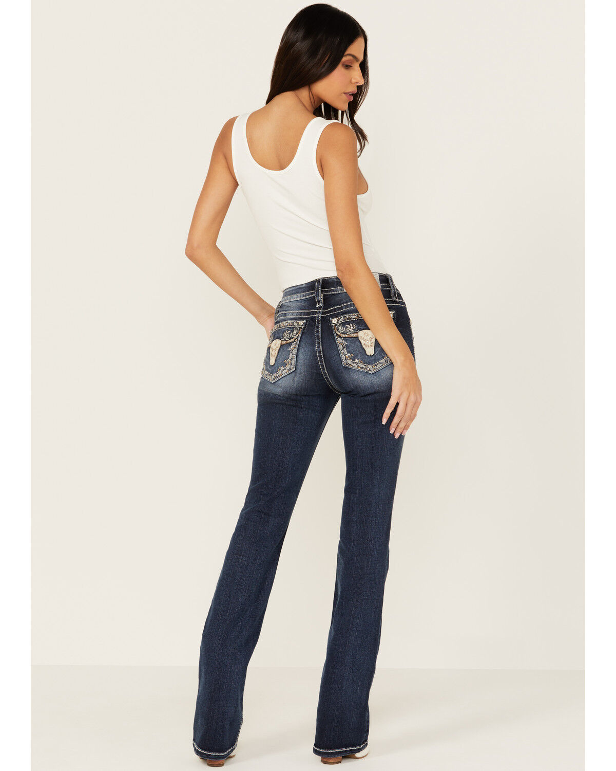 Image #1 - Miss Me Women's Dark Wash Mid Rise Floral Longhorn Pocket Bootcut Stretch Denim Jeans, , hi-res