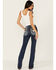 Image #1 - Miss Me Women's Dark Wash Mid Rise Floral Longhorn Pocket Bootcut Stretch Denim Jeans, , hi-res