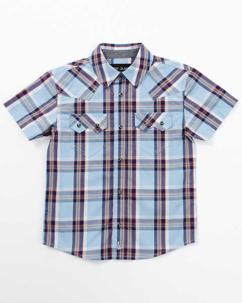 Cody James Toddler Boys' Plaid Print Short Sleeve Snap Western Shirt, Light Blue, hi-res