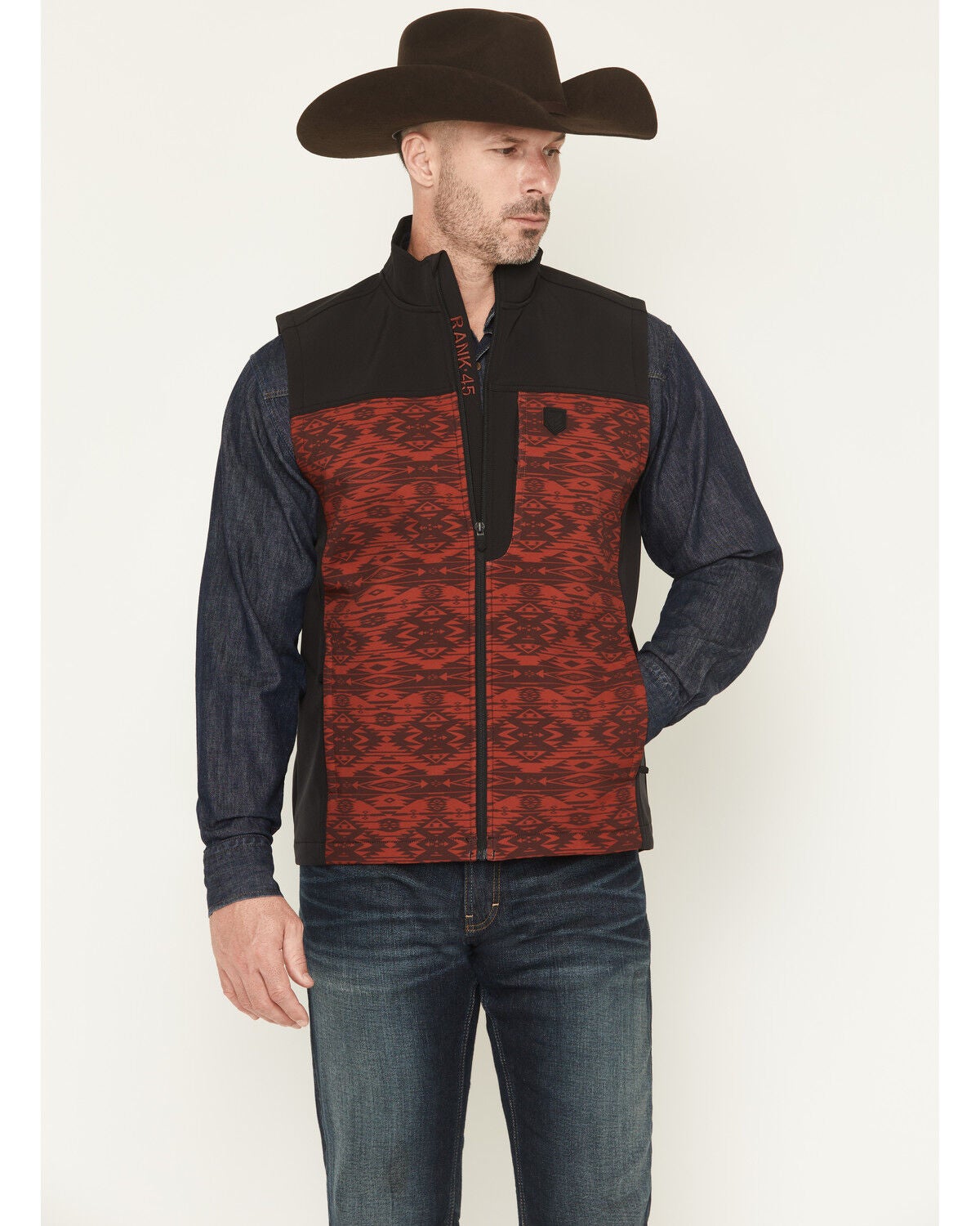 Image #1 - RANK 45&reg; Men's Color Block Southwestern Print Softshell Vest, Maroon, hi-res