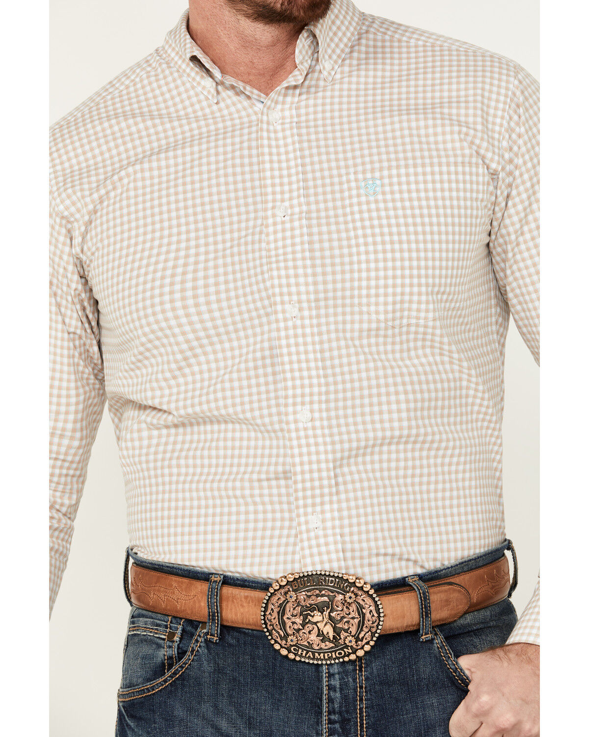Image #3 - Ariat Men's Pro Series Kiernan Plaid Print Long Sleeve Button-Down Western Shirt, Beige, hi-res