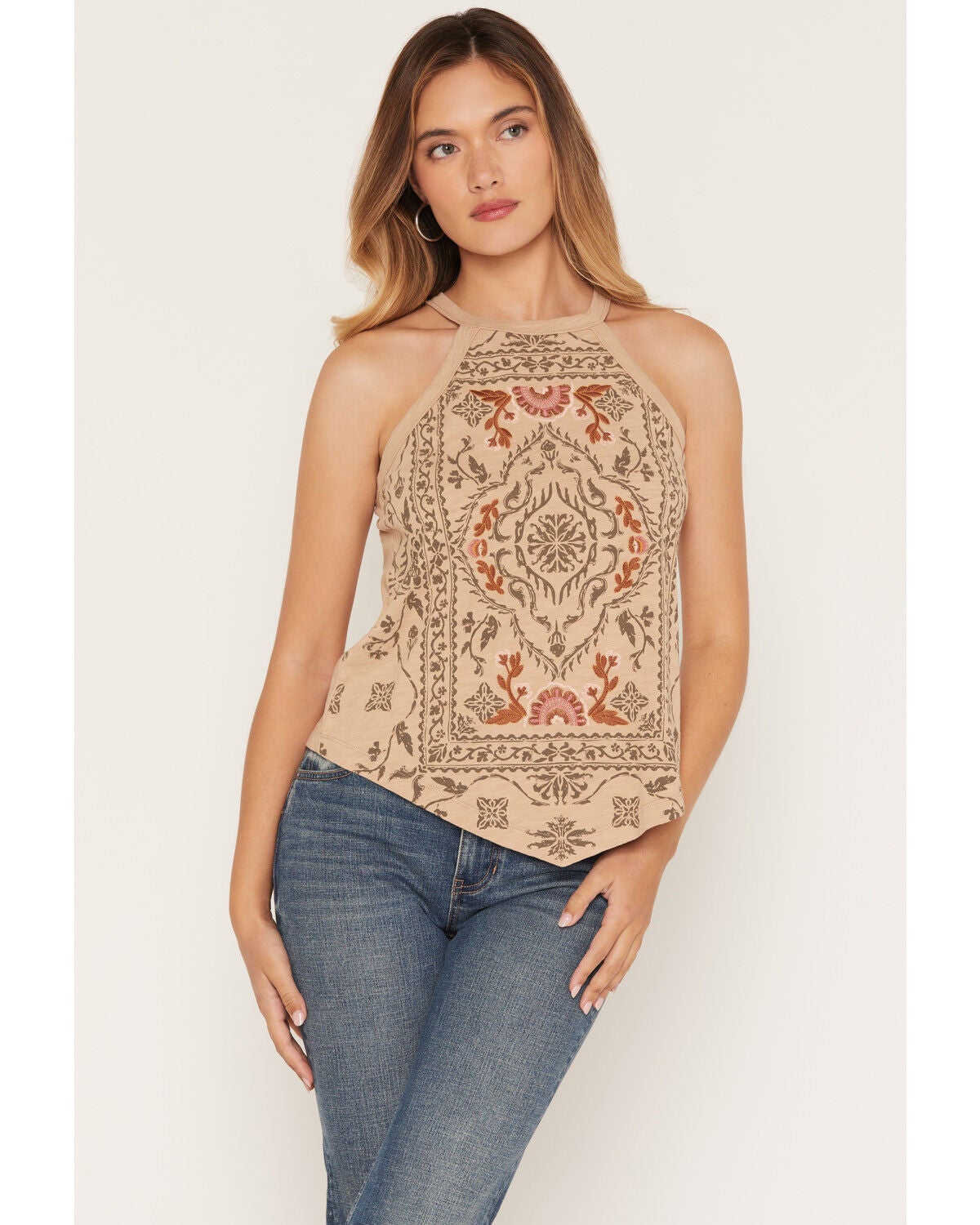 Shyanne Women's Wren Embroidered Hanky Hem Tank, Khaki, hi-res