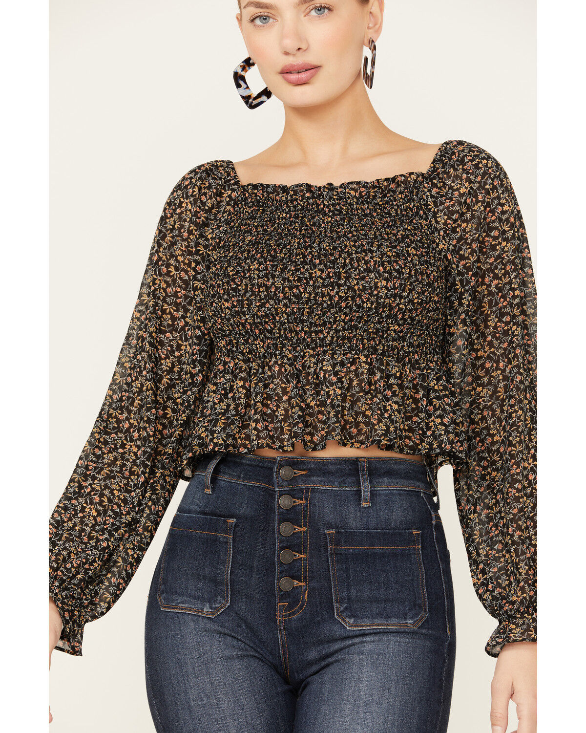 Image #2 - Beyond The Radar Women's Floral Smocked Off Shoulder Woven Long Sleeve Top, Black, hi-res