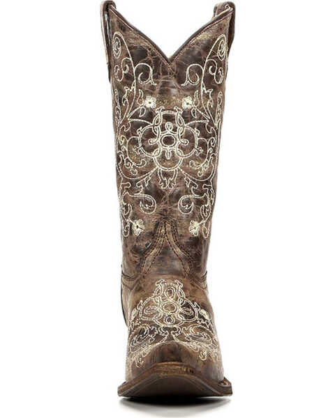 Corral Girls' Brown Cowhide Embroidered Cowgirl Boot - Snip Toe, Brown, hi-res