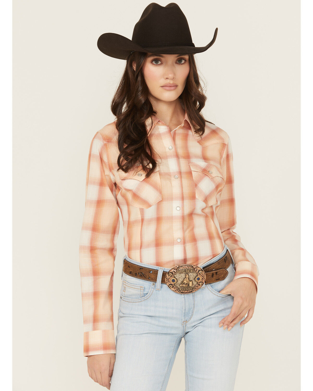 Image #1 - Wrangler Retro Women's Boot Barn Exclusive PCH Plaid Print Long Sleeve Pearl Snap Western Shirt, Peach, hi-res