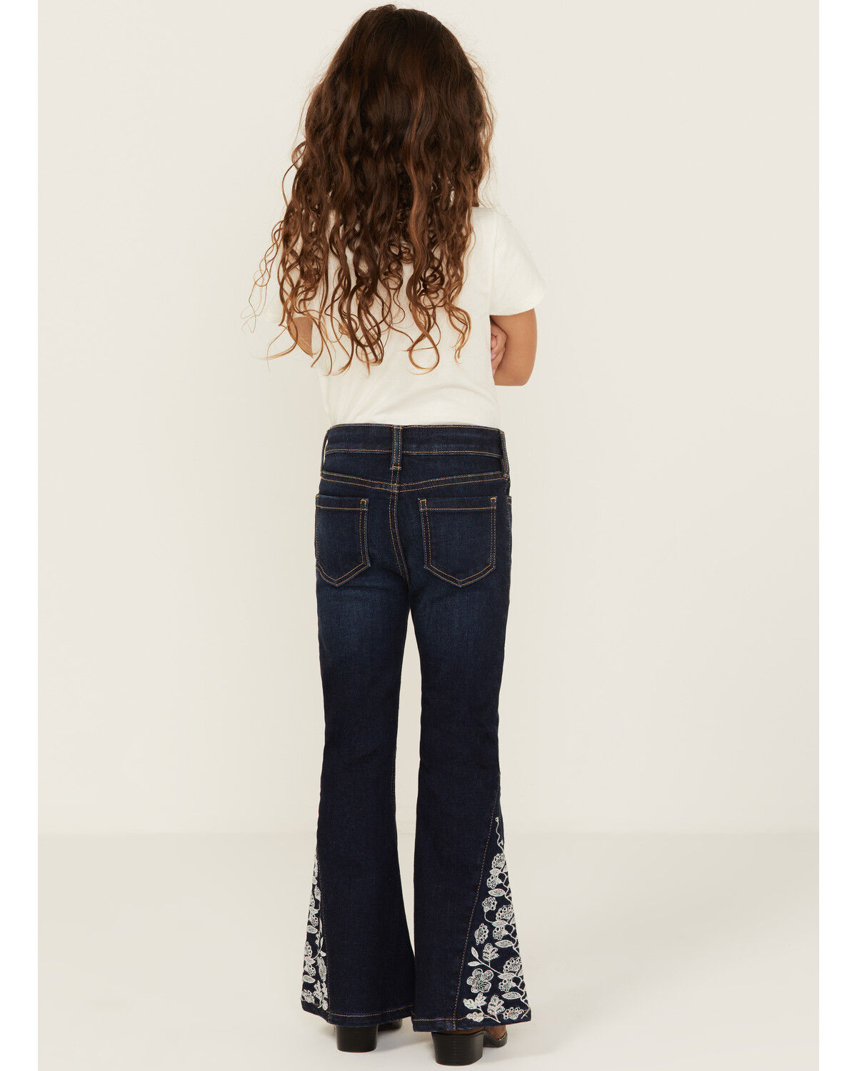 Image #3 - Shyanne Little Girls' Lacey Dark Wash Lace Inset Flare Stretch Denim Jeans, Dark Wash, hi-res