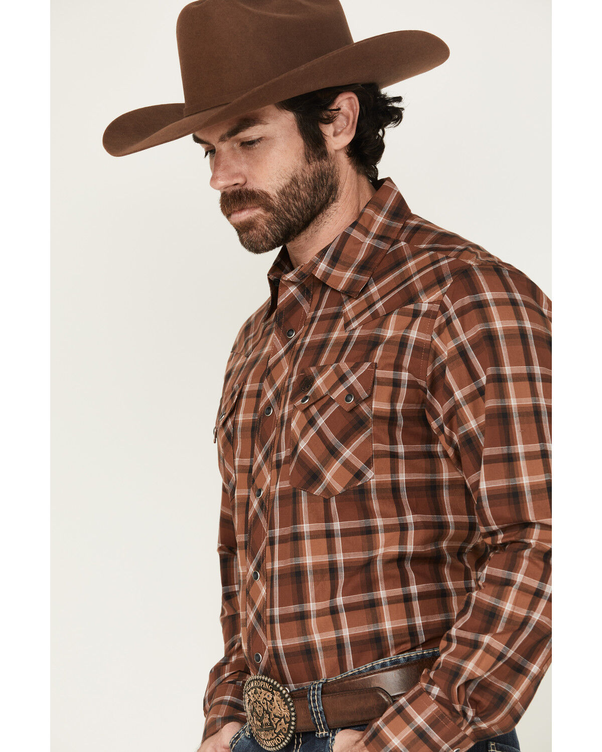 Image #2 - Wrangler Retro Men's Plaid Print Long Sleeve Snap Western Shirt, Brown, hi-res