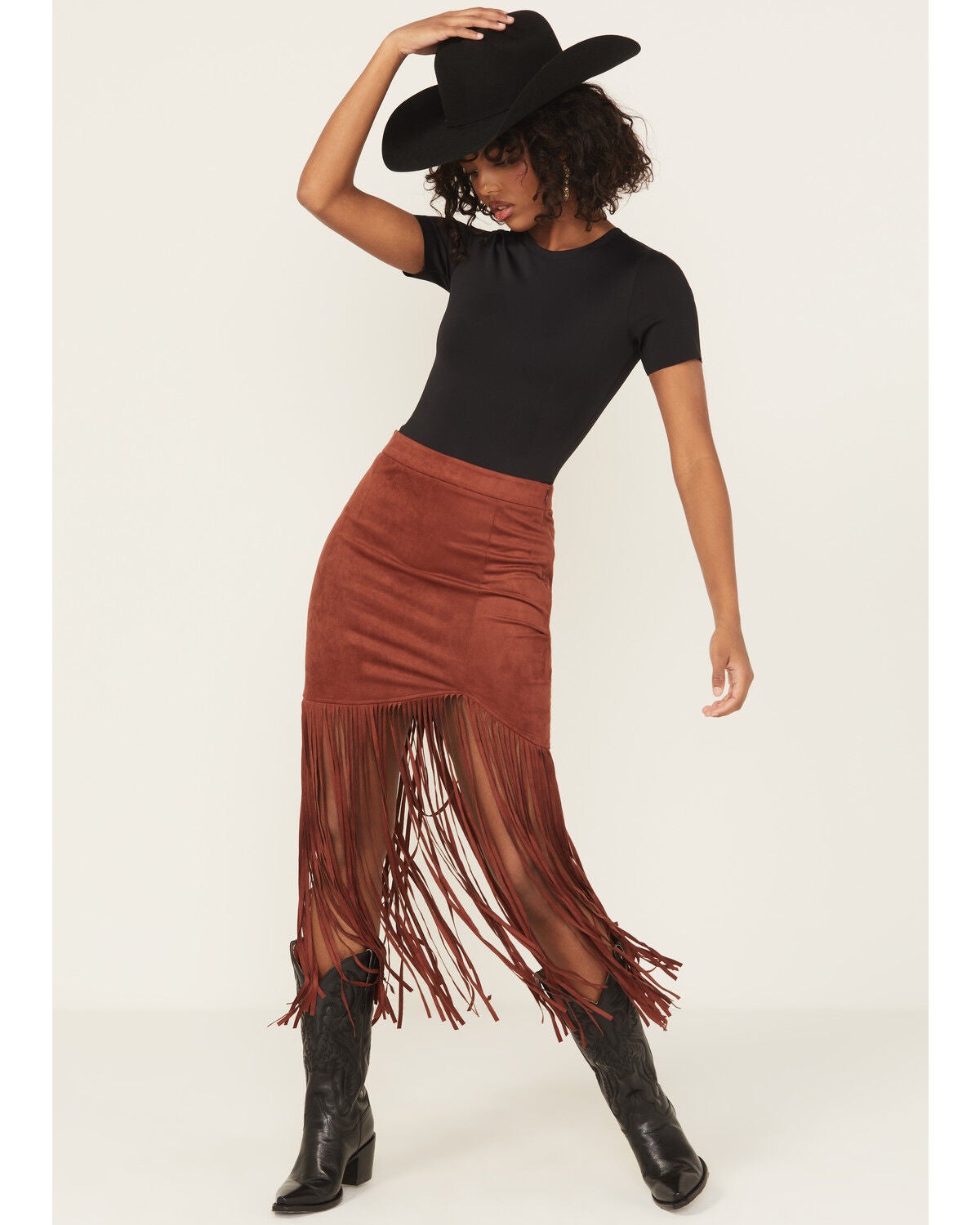 Shyanne Women's Faux Suede Fringe Mini Skirt, Mahogany, hi-res