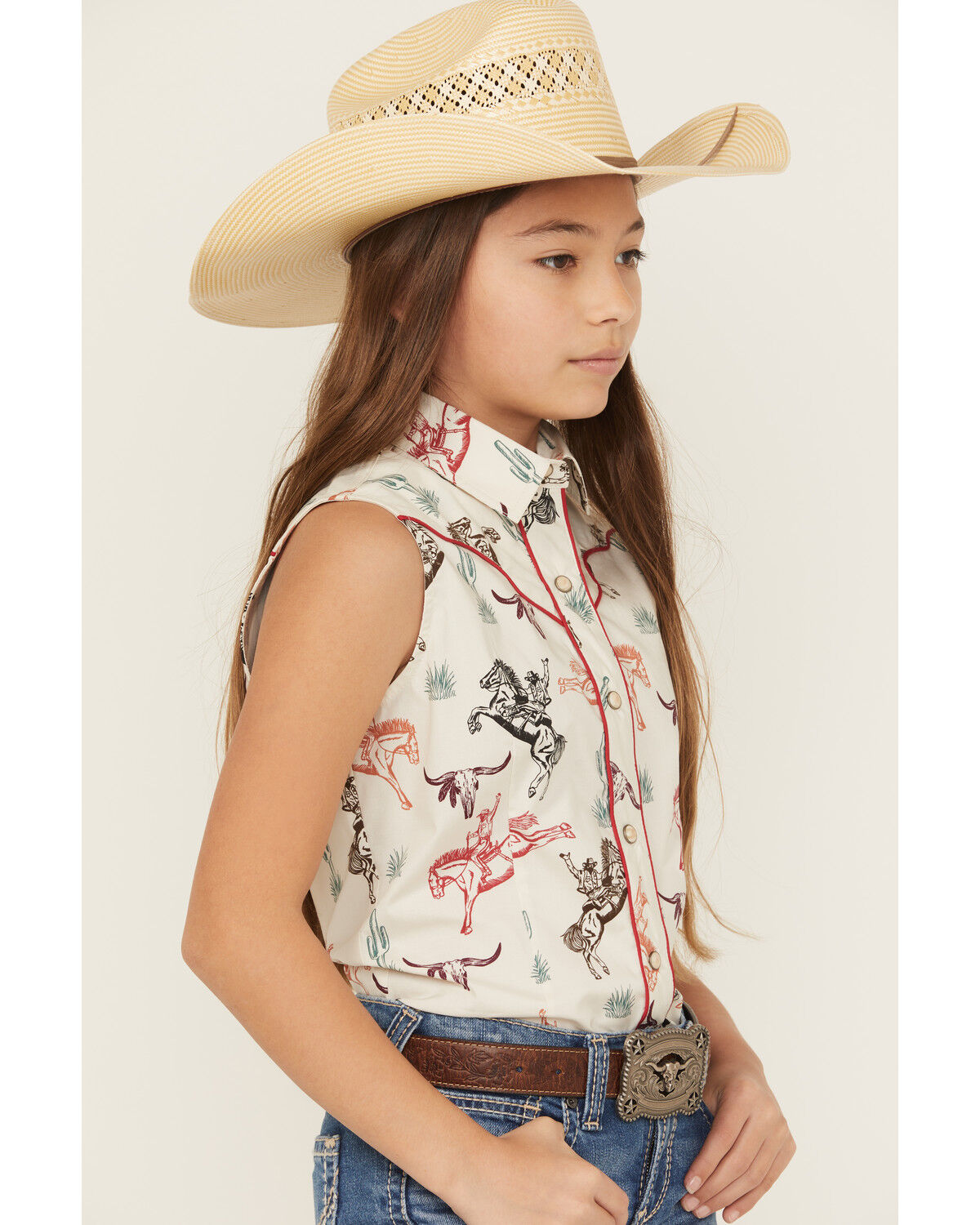 Image #3 - Rock & Roll Denim Girls' Conversation Print Sleeveless Snap Stretch Western Shirt, Ivory, hi-res