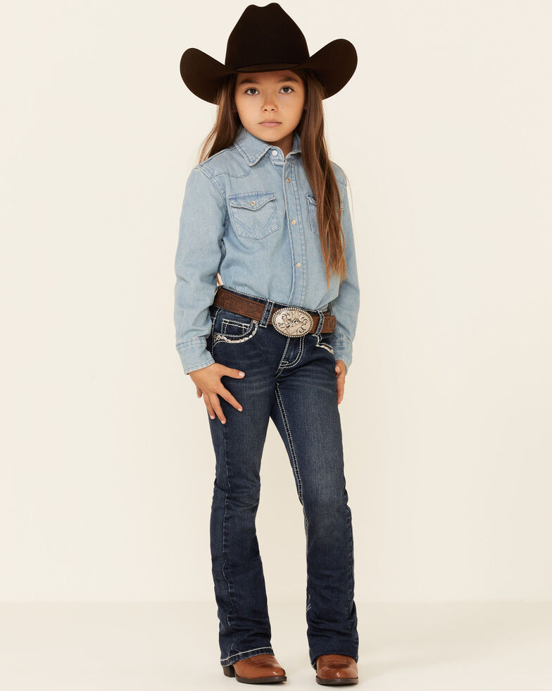 Shyanne Girls' Medium Wash Embroidered Southwestern Steerhead Pocket Bootcut Jeans, Blue, hi-res