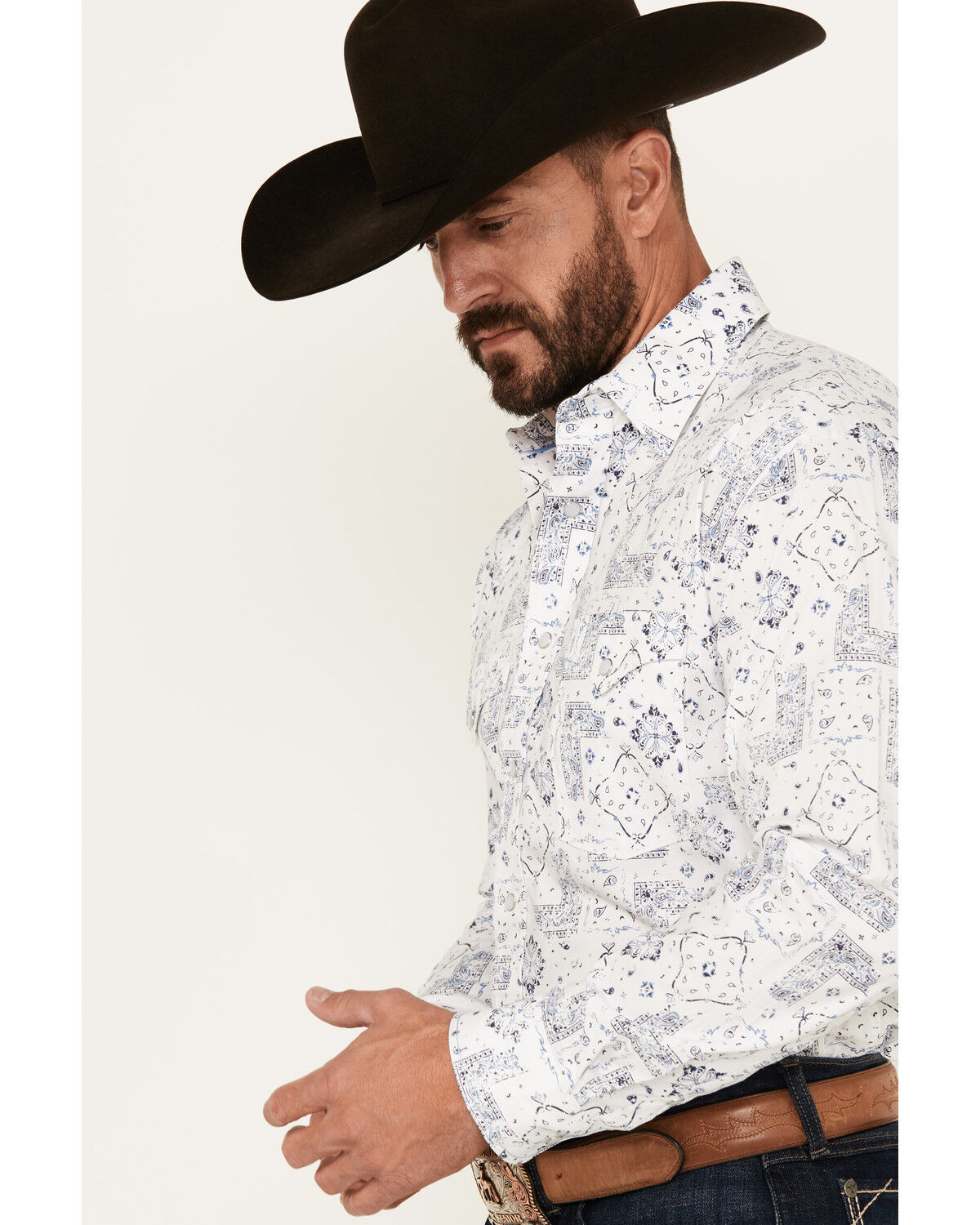 Image #2 - Rough Stock by Panhandle Men's Bandana Print Long Sleeve Pearl Snap Western Shirt, White, hi-res
