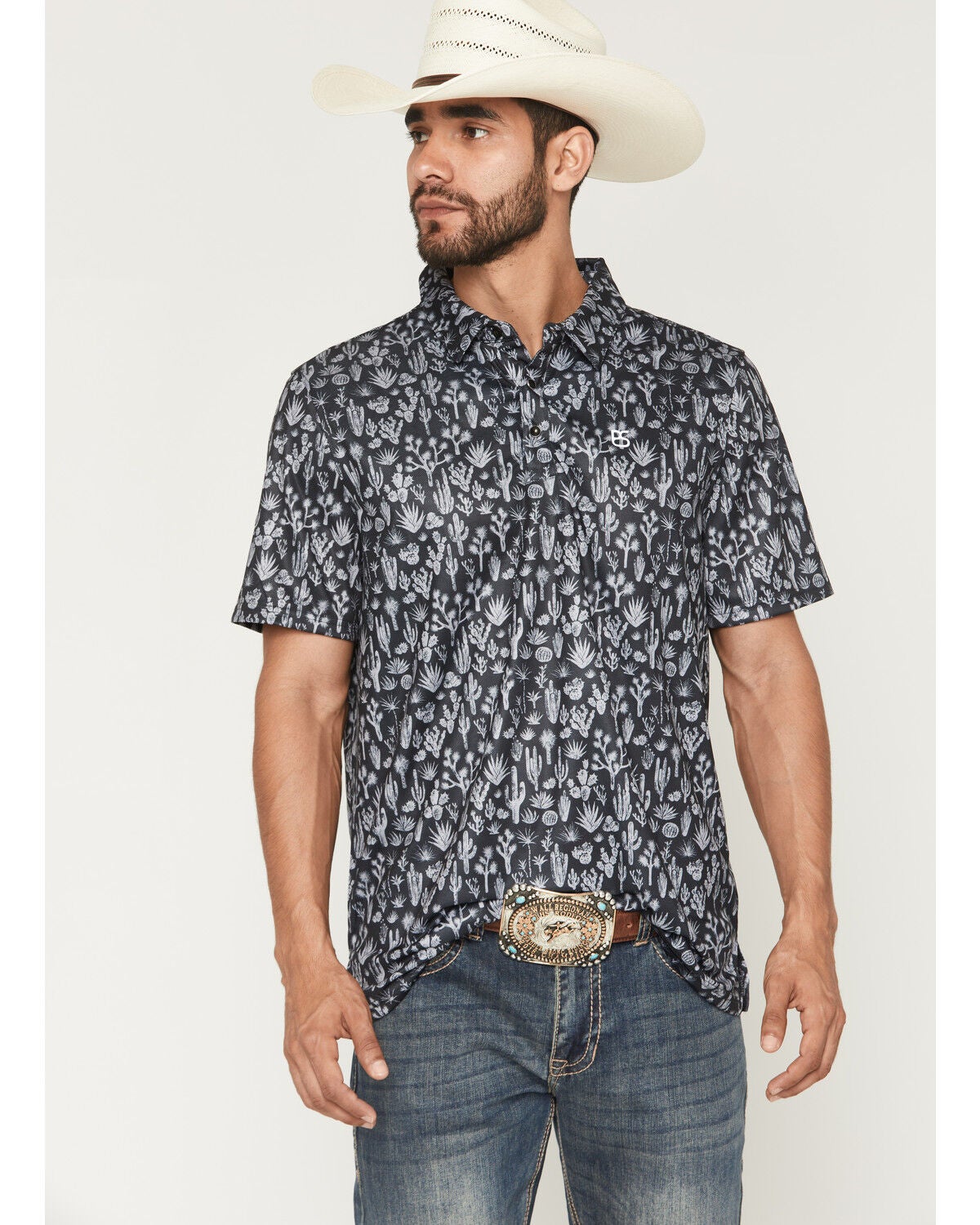 Image #1 - Panhandle Slim Men's Cactus Print Short Sleeve Button-Down Polo Shirt, Black, hi-res