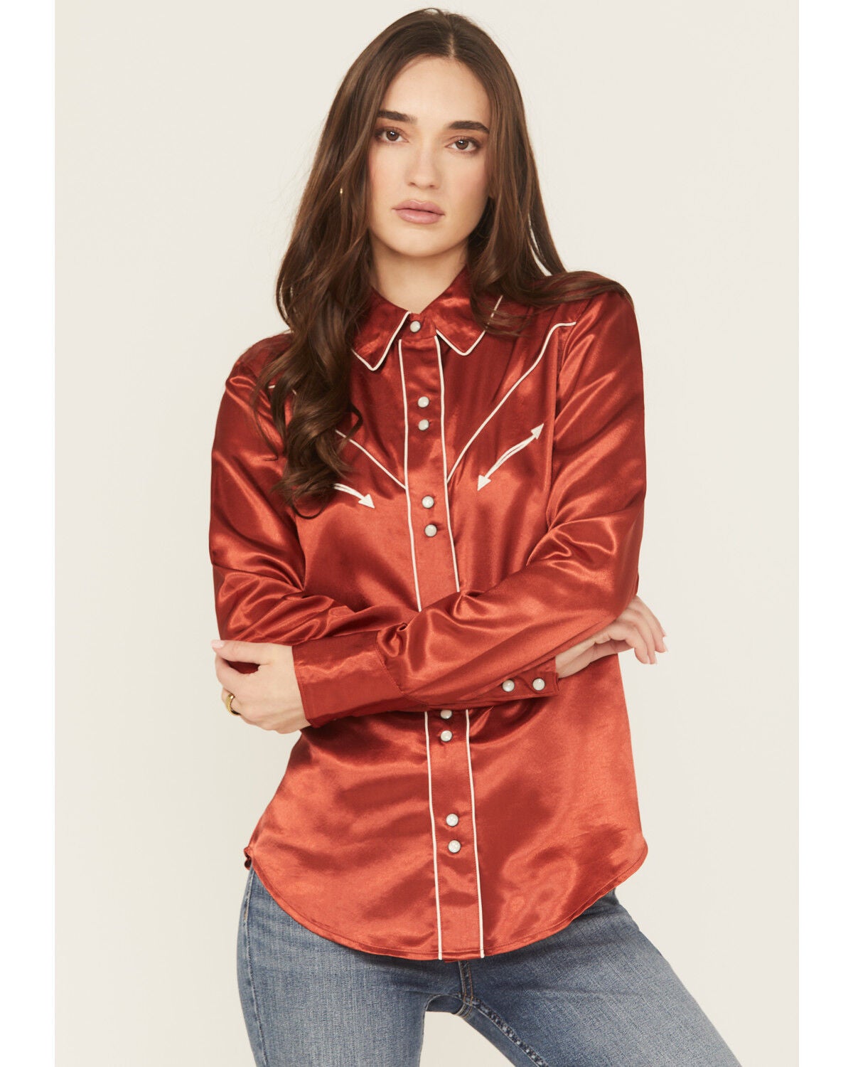 Cruel Girl Women's Satin Long Sleeve Snap Western Shirt, Red, hi-res