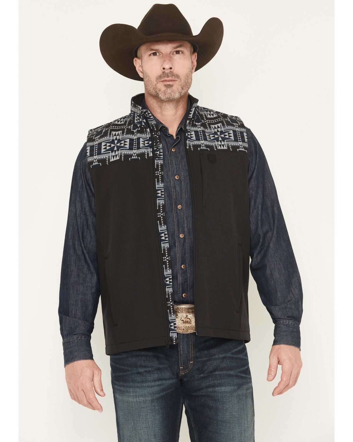 RANK 45&reg; Men's Cheneka 2.0 Colorblock Southwestern Print Softshell Vest - Big, Black, hi-res