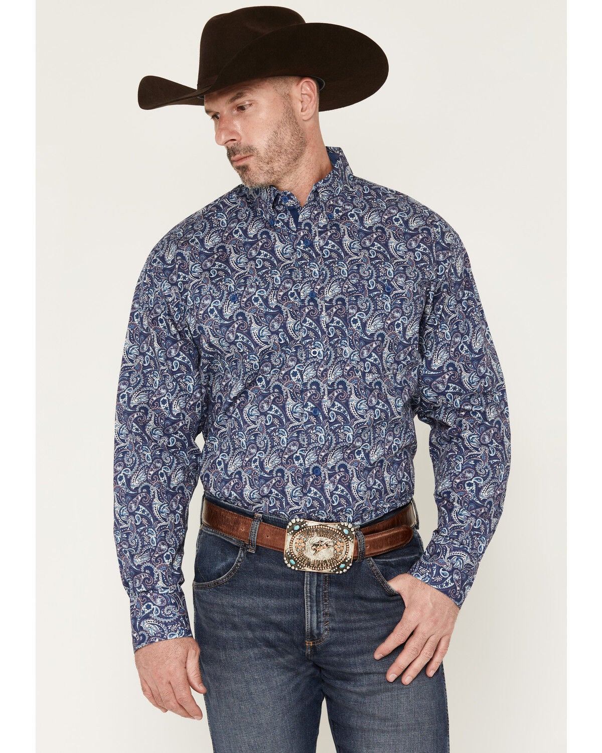 Image #1 - George Strait by Wrangler Men's Paisley Print Long Sleeve Button-Down Stretch Western Shirt, Blue, hi-res