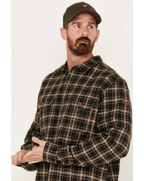 Image #2 - Hawx Men's FR Midweight Plaid Print Long Sleeve Button-Down Work Shirt, Brown, hi-res