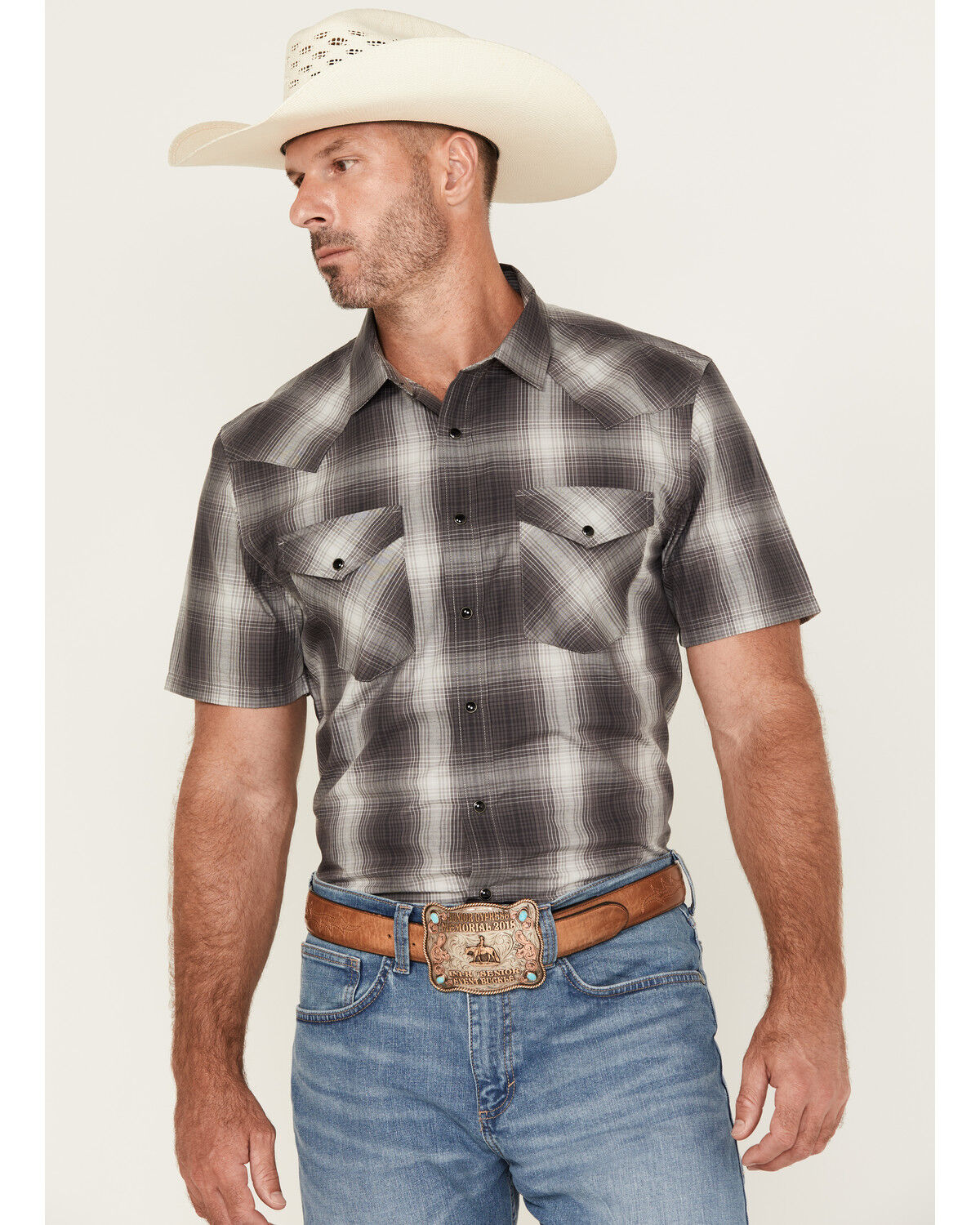 Image #1 - Pendleton Men's Boot Barn Exclusive Frontier Plaid Print Short Sleeve Snap Western Shirt, Grey, hi-res